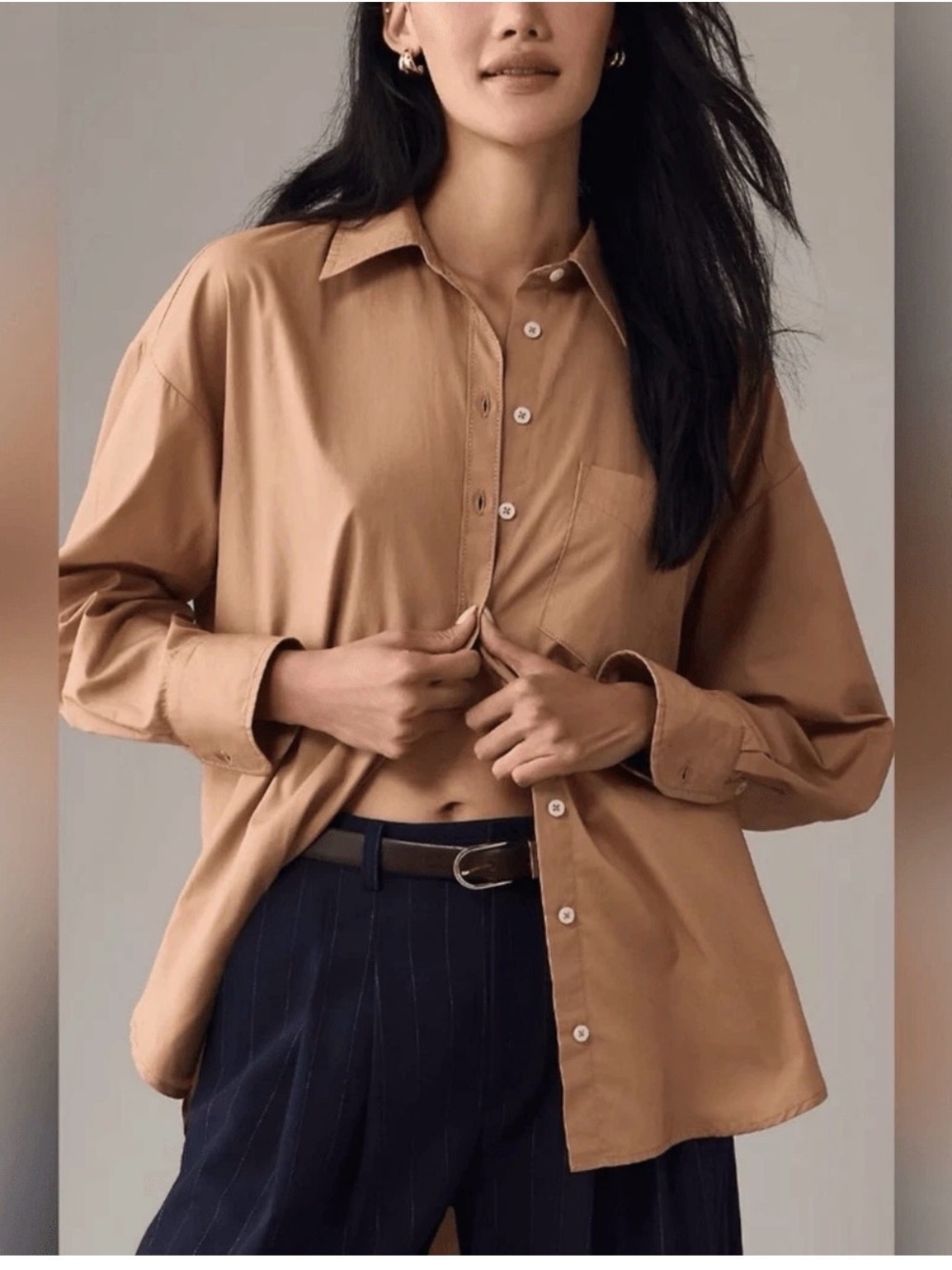 Maeve Anthropologie Oversized Bennet Button-Up Shirt in Camel size 1X NWT